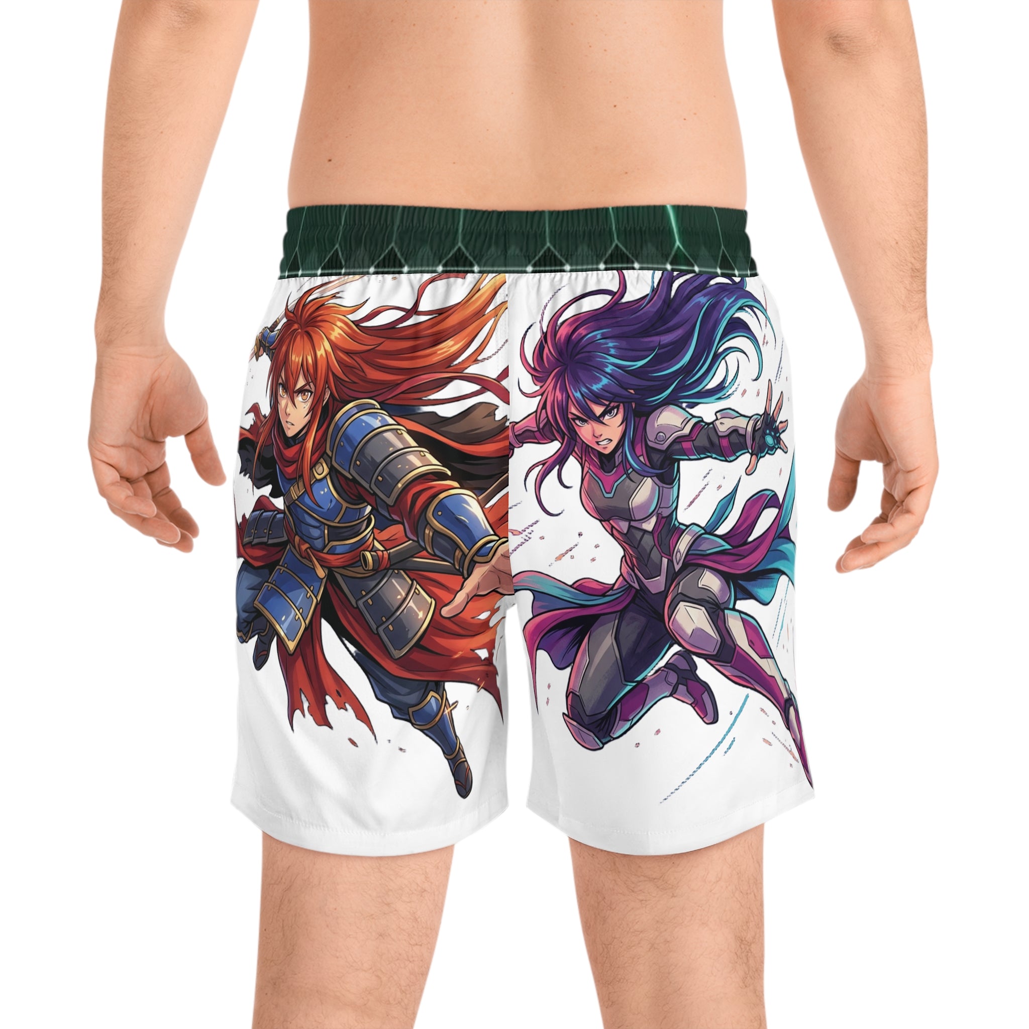 Anime Fantasy Warrior Swim Shorts — Dual Hero All-Over Print