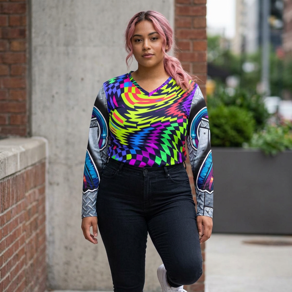 Women's V-Neck Long Sleeve — Retro Neon Music Festival Top ('Feel The Music')