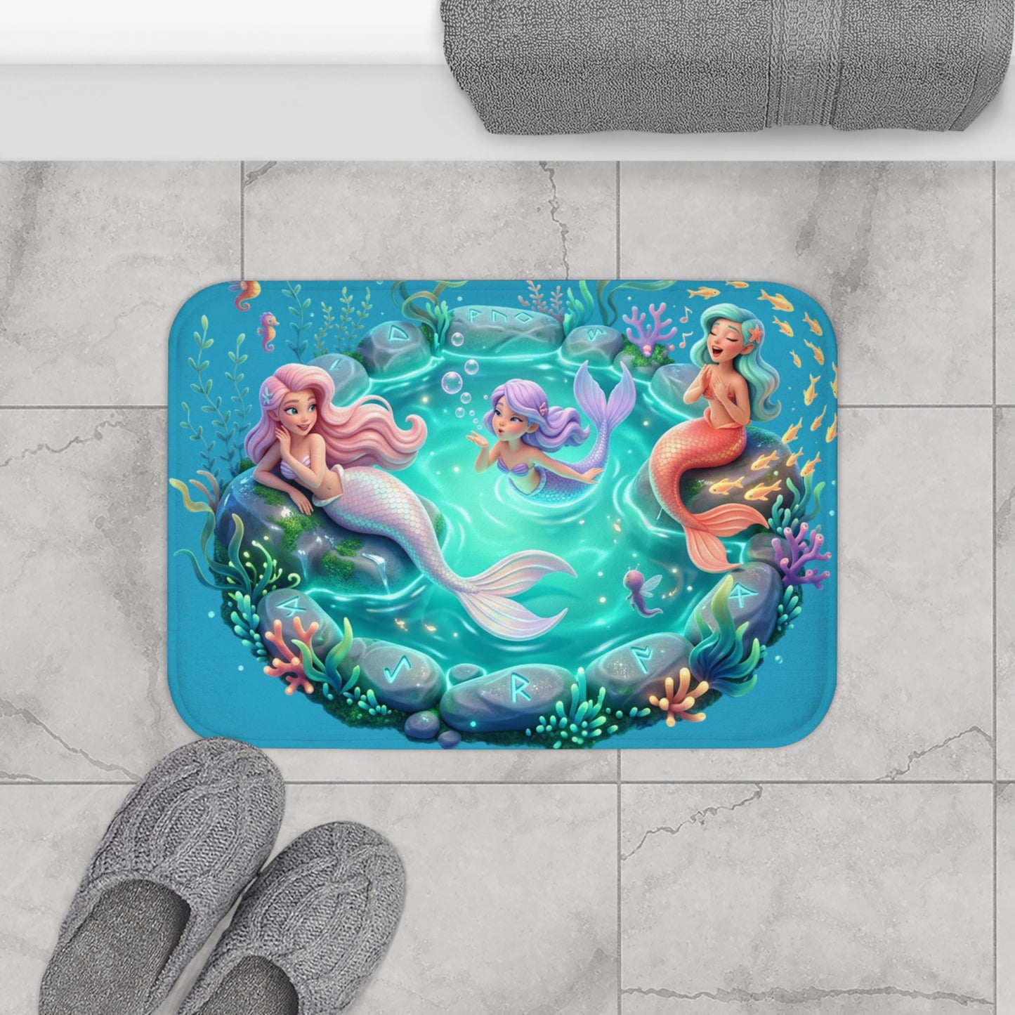 Mermaid Family Bath Mat — Colorful Underwater Ocean Decor
