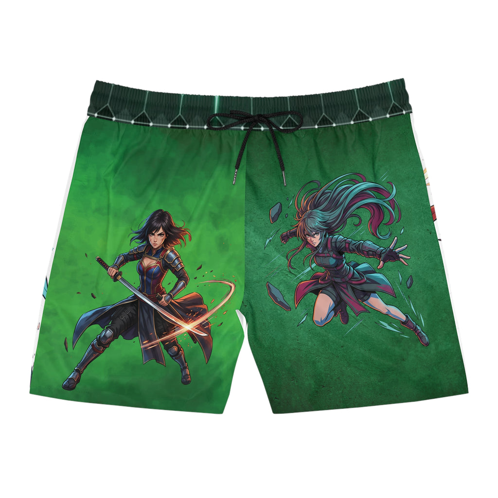 Anime Fantasy Warrior Swim Shorts — Dual Hero All-Over Print