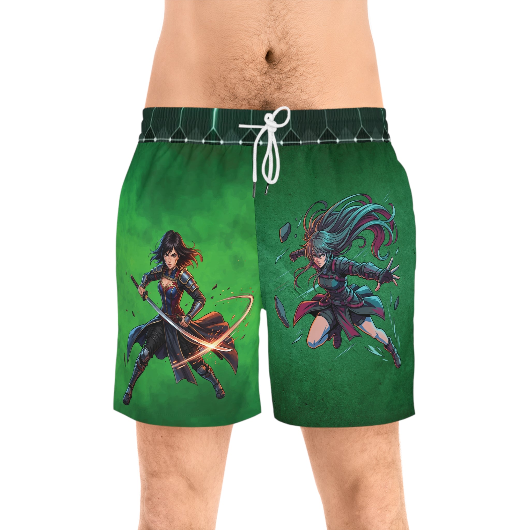 Anime Fantasy Warrior Swim Shorts — Dual Hero All-Over Print